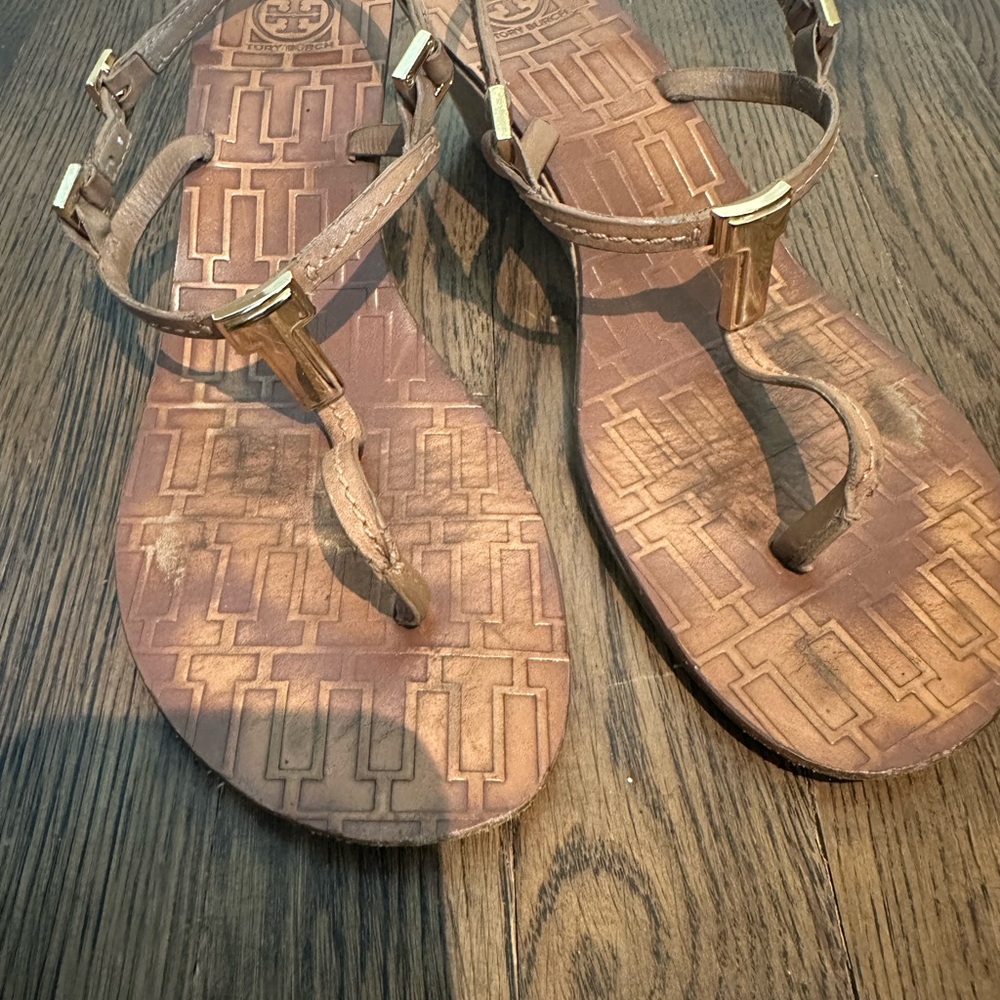 Tory Burch Pauline T-Strap Brown Leather Wedge Sandals Size 10, $298